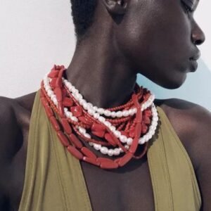 Conjunto collar rojo con perlas